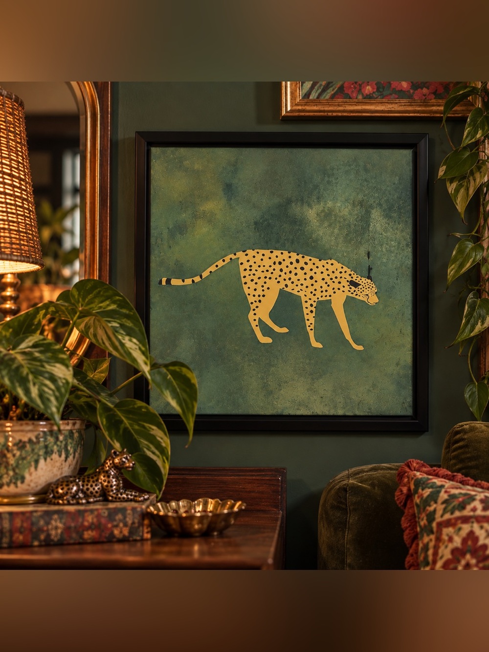 Cheetah Leopard Wall Art Vintage Style Green Gold Black Framed Boho Jungle Decor